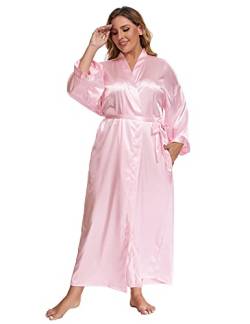 feslieacc Damen Plus Size Lange Satin Roben Plus Size Lange Seide Roben Kimonos Nachtwäsche Morgenmantel, rose, 4XL-5XL Große Größen von feslieacc