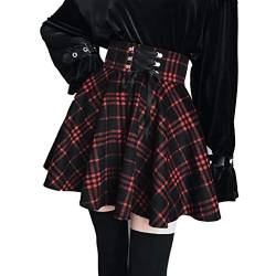 fexgaoo Damen Plaid Glencheck A-Linie Hohe Taille Flare Plissee Mini Schwarz Rock Kleid von fexgaoo