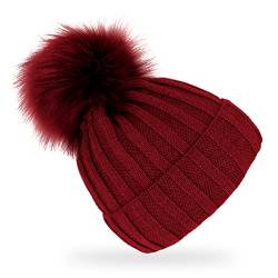 fiebig Strickmütze mit Kunstfell Bommel | Mütze aus Wolle mit Fleece-Futter | Beanie Made in Europe (Bordeaux) von fiebig