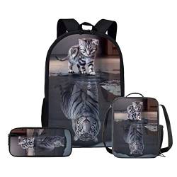 3-in-1 Schüler-Büchertasche, Schultasche, Lunch-Tasche, Federmäppchen, 3er-Set, Rucksack für Kinder, Mädchen, Jungen, Schulrucksack, Katze Tiger, Einheitsgröße, Tagesrucksäcke von fifbird