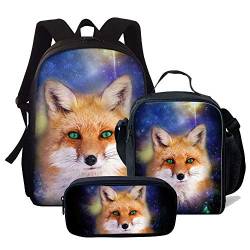 3D-Weltraum-bedruckter Schulrucksack für Mädchen, niedliches Laptop-Rucksack-Set, 3-teilig, für Damen, lässige Umhängetasche, Lunchtasche, Federmäppchen, Animal Fox-2, Einheitsgröße, Tagesrucksäcke von fifbird