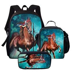 3D-Weltraum-bedruckter Schulrucksack für Mädchen, niedliches Laptop-Rucksack-Set, 3-teilig, für Damen, lässige Umhängetasche, Lunchtasche, Federmäppchen, Cool Horse-1, Einheitsgröße, Tagesrucksäcke von fifbird