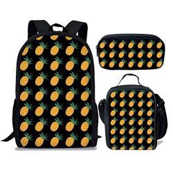 Ananas-Schultasche, Lunchbox, Federmäppchen-Set, 3-teilig, niedlich, personalisierbar, 43,2 cm, Rucksack für Damen und Mädchen, Ananas-Schwarz, Einheitsgröße, Tagesrucksäcke von fifbird