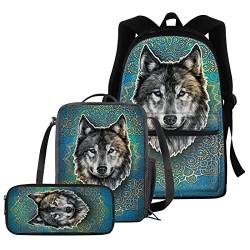 Böhmisches Wolfs-Schultaschen-Set für Kinder, große Büchertaschen, 3-in-1, Tierwolf-Rucksack mit Federmäppchen, Reißverschluss, Schreibwaren-Tasche, Reise-Picknick-Lunchbox für Jungen und Mädchen, von fifbird