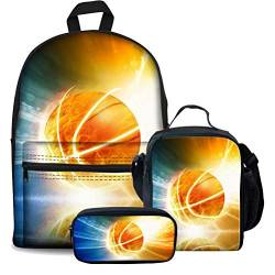 Damen Herren Rucksack Set Laptopfach Schultasche für Kind High School College Studenten mit Flamme Basketball Design Bleistifthalter 3 Stück Sets, Muster: 5 (3 Stück), Einheitsgröße, Tagesrucksäcke von fifbird