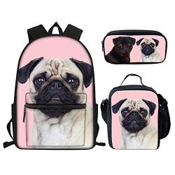 Mops Büchertaschen-Set für Mädchen, Teenager-Rucksack mit Lunchbox, Federmäppchen, Kinder, Hunderucksack, Grundschultasche, 3er-Set, Mops, Rosa, Einheitsgröße, Tagesrucksäcke von fifbird