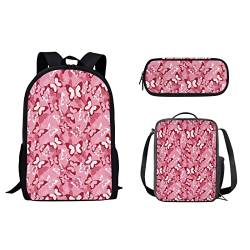 Schüler-Schulrucksack für Damen und Herren, Reise-Büchertaschen mit Lunch-Tasche und Stiftebox, Organizer für Mädchen, Jungen, Kinder, Rucksack für Mittelschule, Diebstahl, rosa Schmetterling (Pink von fifbird