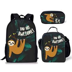 Schulrucksack Schulranzen Set Reiserucksack für Mädchen Jungen Kinder Teenager mit Lunchtasche Federmäppchen mit Faultier Druck Design, Stil-12, Einheitsgröße, Tagesrucksäcke von fifbird