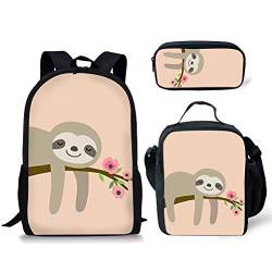 Schulrucksack Schulranzen Set Reiserucksack für Mädchen Jungen Kinder Teenager mit Lunchtasche Federmäppchen mit Faultier Druck Design, Stil-2, Einheitsgröße, Tagesrucksäcke von fifbird