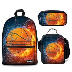 fifbird 3 Stück Kinder Schulranzen Set Galaxy Pferd Rucksack mit Lunchbox Federmäppchen für Jungen Mädchen Große Büchertaschen Damen Herren Canvas Rucksack, Feuer-Basketball, Einheitsgröße, von fifbird