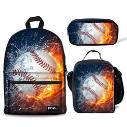 fifbird 3 Stück Kinder Schulranzen Set Galaxy Pferd Rucksack mit Lunchbox Federmäppchen für Jungen Mädchen Große Büchertaschen Damen Herren Canvas Rucksack, Fire Baseball (3, Einheitsgröße, von fifbird