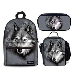 fifbird 3 Stück Kinder Schulranzen Set Galaxy Pferd Rucksack mit Lunchbox Federmäppchen für Jungen Mädchen Große Büchertaschen Damen Herren Canvas Rucksack, Tierwolf, 3 Stück, Einheitsgröße, von fifbird