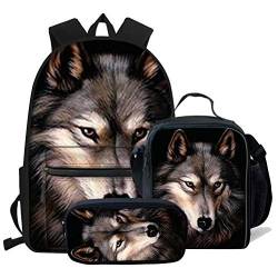 fifbird Braun-graues Rucksack-Set, 3-teilig, lässiger Schulrucksack für Damen, Teenager, Mädchen, isolierte Lunchtasche, Federmäppchen, Stiftetasche, 3 x Wolf -11, Einheitsgröße, Tagesrucksäcke von fifbird