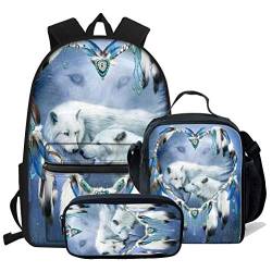 fifbird Braun-graues Rucksack-Set, 3-teilig, lässiger Schulrucksack für Damen, Teenager, Mädchen, isolierte Lunchtasche, Federmäppchen, Stiftetasche, 3 x Wolf -6, Einheitsgröße, Tagesrucksäcke von fifbird