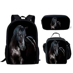 fifbird Coole Dinosaurier f Schulranzen 3er Set Schulrucksack Set Groß Umhängetasche mit Flaschenhalter Lunch Tasche Federmäppchen, Schwarzes Pferd, Einheitsgröße, Tagesrucksäcke von fifbird