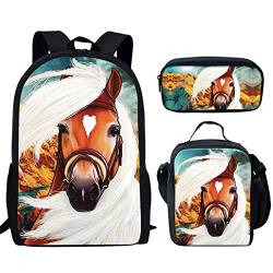 fifbird Dinosaurier-Kinder-Schulrucksack, 3er-Set, Federmäppchen, isolierte Lunchtasche, verstellbare Träger, Pferde-Design, Einheitsgröße, Tagesrucksäcke von fifbird