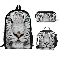 fifbird Faultier Baby Rucksack Set Isoliert Tier Niedlich Rucksack Kinder Schule Büchertasche + Faultier Mittagessen Tasche Lunchbox Pack mit Halter + Federmäppchen 3 Stück, weißer tiger, von fifbird