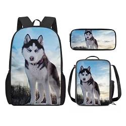 fifbird Grundschule Kinder T-igers Rucksack-Set für Jungen und Mädchen, 3-in-1 T-iger-Rucksack und Lunchbox, Sibirischer Husky, Einheitsgröße, Tagesrucksäcke von fifbird