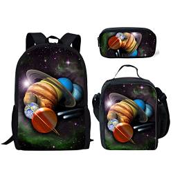 fifbird Kinder-Basketball-Schultaschen für Jungen und Mädchen, 3D-Druck, Ball, Schulbücher-Set, 3-teilig, lässiger Rucksack/Federmäppchen/Lunchbox, Solarsystem, Einheitsgröße, Tagesrucksäcke von fifbird