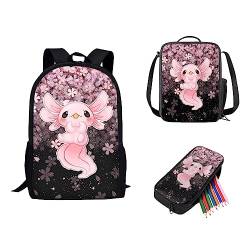 fifbird Kinder-Rucksack mit Lunchbox, Jungen-Rucksack, Tiger-Druck, Schultasche, 3-teiliges Set, Kinder-Büchertasche/Lunch-Tasche, Federmäppchen, Schreibwaren, Sakura Axolotl, Einheitsgröße, von fifbird