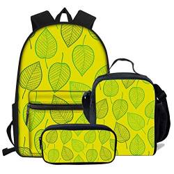 fifbird Leaf Schulrucksack + Jungen verpackte Lunchtaschen Klein + Coole Federmäppchen Organizer für Jungen Weltraum Kinder Schulranzen 3er Set, Blatt-12 (3 Stück/Se, Einheitsgröße, Tagesrucksäcke von fifbird