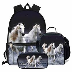 fifbird Lightning Fire Fußball-Rucksack für Jungen, Schultaschen, einzigartige Fußballtasche + Stifttasche + Lunchbox, 3 Sets, Weißes Pferd, Einheitsgröße, Tagesrucksäcke von fifbird