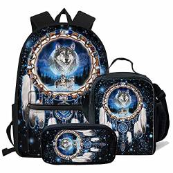 fifbird Wolf Kinder-Schultaschen-Set für Jugendliche, Mädchen, Jungen, Traumfänger, Wolf, Rucksack, lässiger Tagesrucksack, Mittagessen, Schultertasche, Kuriertasche und Federmäppchen (3-teilig), von fifbird