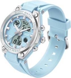 Damen Uhr Digital Armbanduhr mit Silikonarmband 50M Wasserdicht Digitaluhr für Mädchen Jungen Analog Sportuhr mit Alarm Datum LED Kinderuhr Elektronisch Blau von findtime