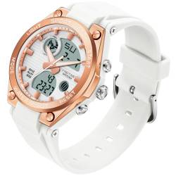 Damen Uhr Digital Armbanduhr mit Silikonarmband 50M Wasserdicht Digitaluhr für Mädchen Jungen Analog Sportuhr mit Alarm Datum LED Kinderuhr Elektronisch Weiß Rosegold von findtime