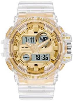 Digitale Armbanduhr Digitaluhr Sport Digital Uhren Herren Wasserdicht Militär Outdoor Uhr LED Multifunktional Stoppuhr Kalender Dualzeit Countdown 12/24H Transparent Weiss Gold von findtime