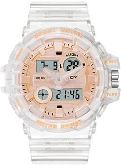 Digitale Armbanduhr Digitaluhr Sport Digital Uhren Herren Wasserdicht Militär Outdoor Uhr LED Multifunktional Stoppuhr Kalender Dualzeit Countdown 12/24H Transparent Weiss Rosa von findtime