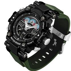 Taktische Armbanduhr, Militär, digital, Herren, Sportuhr, 50 m, wasserdicht, geeignet für Outdoor-Sportarten, multifunktional, elektronisch, taktisch, militärisch, Armband mit Wecker aus Chrom, verte von findtime