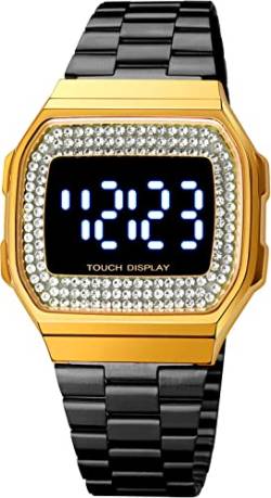 findtime Armbanduhr Damen Digital Uhr Strass Damenuhr mit Edelstahlarmband LED Touchscreen Frauen Uhr Eckig Datum Rosegold Gold Silber von findtime