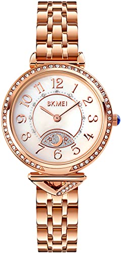 findtime Damen Uhr Strass Edelstahl Elegant Luxus Analog Quarz Armbanduhr Frauen Große Zahlen Damenuhr Mode Casual Rosegold Gold Silber von findtime