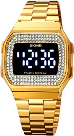 findtime Damenuhr Gold Edelstahl Mesh LED Armbanduhr Minimalistisch Digital Mode Elegant Quarzuhr für Frauen von findtime