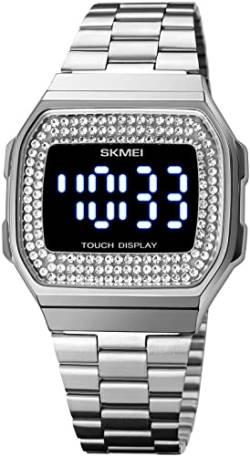 findtime Damenuhr Silber Edelstahl Mesh LED Armbanduhr Minimalistisch Digital Mode Elegant Quarzuhr für Frauen von findtime
