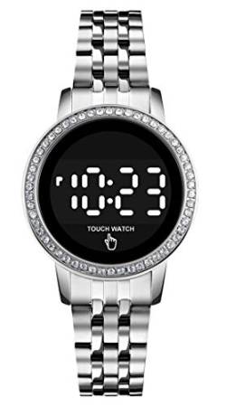 findtime Damenuhr Silber Uhr Damen Rund Klassisch Digital Quarz Uhren Edelstahl Mädchen Wasserdicht Hintergrundbeleuchtung Armbanduhren für Damenuhren von findtime