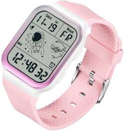 findtime Digitale Armbanduhr, rechteckig, für Damen und Herren, weiß, Unisex, quadratisch, LED, elektronisch, 5 ATM, wasserdicht, Sport-Silikonarmband, Pink, Casual von findtime