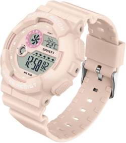 findtime Digitale Armbanduhr für Damen, Sport, wasserdicht, weiß, mit Wecker, Stoppuhr, Stundensignal, LED-Display, 12/24-Stunden-Kalender, Pink, Casual von findtime