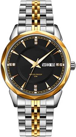 findtime Herren Armbanduhr Edelstahlarmband Elegant Analog Quarz Uhr mit Wochentag Datum Herrenuhr Silber Gold Uhren Männer Business Luxus von findtime