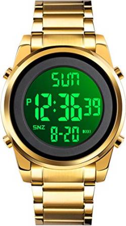 findtime Herren Uhr Digitaluhr für Männer mit Wecker Countdown Stoppuhr LED Hintergrundbeleuchtung Elektronische Armbanduhr mit Edelstahl Gold von findtime