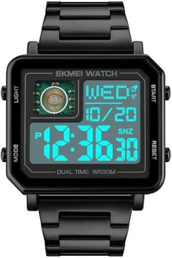 findtime Quadratische Herren Uhr Digital Schwarz Edelstahl Armbanduhr mit Doppelzeit Timer Stoppuhr Luxus Business Quarzuhr Vintage Retro Design von findtime