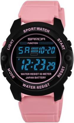 findtime Rosa Digitaluhr Damen Unisex Digital Armbanduhr mit Stoppuhr Kalender Wecker LED Uhr für Jugendliche Jungen Mädchen von findtime