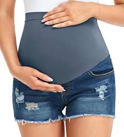 fitglam Damen Schwangerschaft Shorts Lounge Sport Yoga Schwangerschaft Kurze Hose mit Taschen, Denim 07 Blue Cutoff, Mittel von fitglam