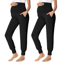 fitglam Damen Umstandshose über dem Bauch, Lounge-Pyjama, Kleidung, Schwangerschaftsmust-Haves, Jogginghose mit Taschen, 2 Stück, Schwarz/Schwarz, XX-Large von fitglam