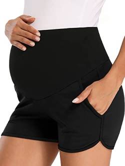 fitglam Damen Umstandsshorts über Bauch Schwangerschaft Lounge Workout Laufen Pyjama Schlafshorts mit Taschen, Schwarz, Mittel von fitglam