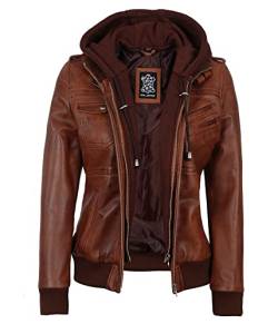 fjackets Damen-Lederjacke – echte Lambksin-Bomber-Lederjacke für Damen mit abnehmbarer Kapuze, Edinburgh Cognac Lederjacke Damen, Large von fjackets