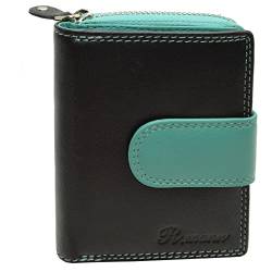 flevado Damen Geldbörse Brieftasche RFID Schutz Riegelverschluss 4 Münzfächer Echt Leder (Schwarz-Türkis) von flevado
