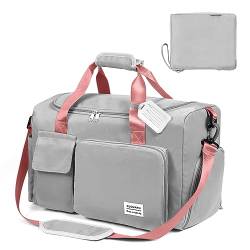 Flintronic 36L Faltbare Reisetasche Gepäcktasche Große Weekender Übernachtungstasche Urlaubstasche Wasserdicht Sporttasche für Herren Damen (mit 1 Gepäckanhänger) - Grau & Rosa von flintronic