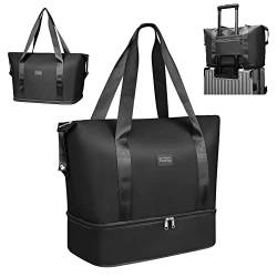 Flintronic Reisetasche Damen, Faltbare Reisetasche, Sporttasche mit Nassfach, Handgepäck Tasche, Wasserdicht Travel Bag Duffle Bag, Trainingstasche, Handtasche für Sport & Reisen-Schwarz von flintronic